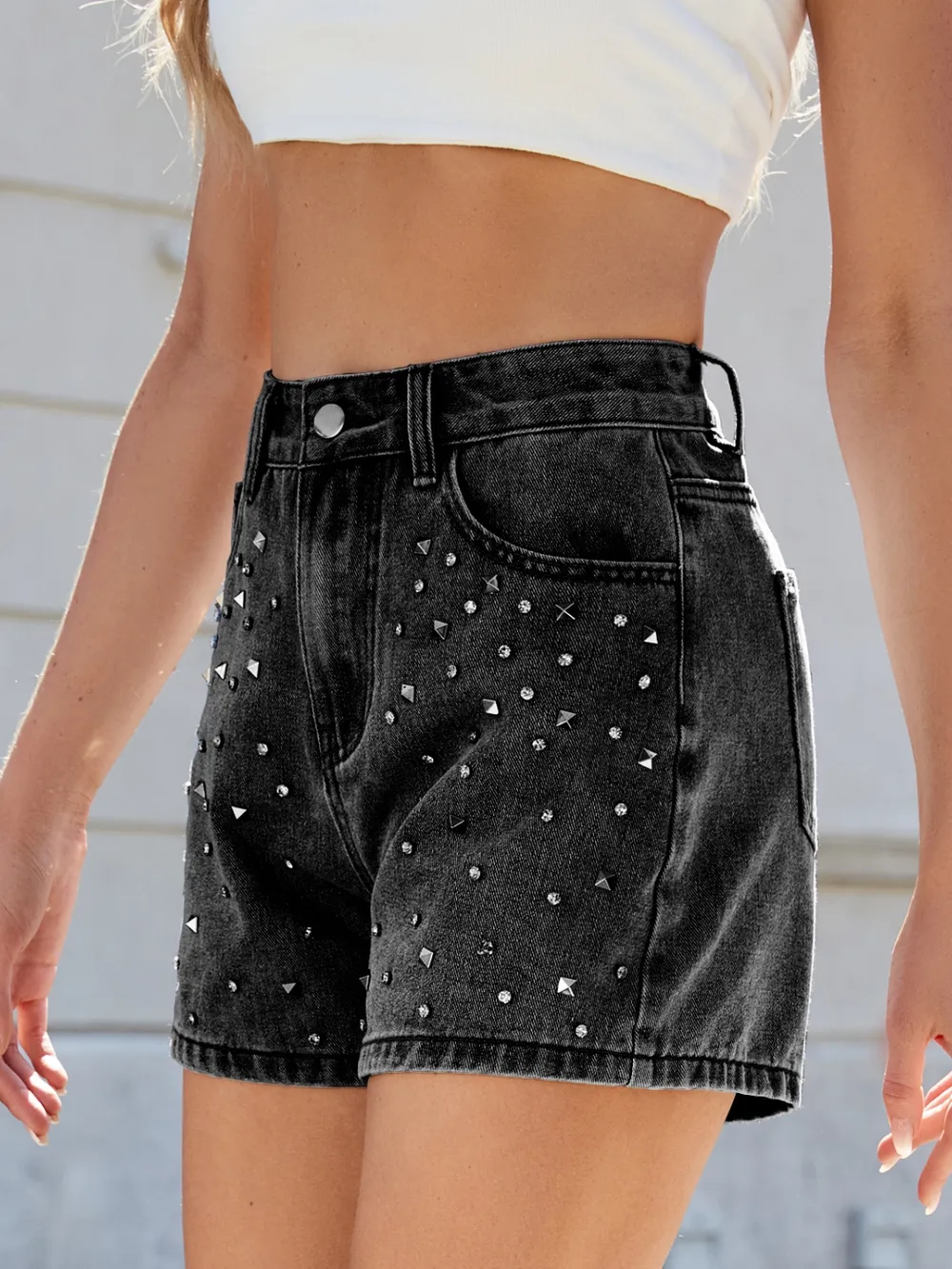 Rhinestone Washed High Waist Denim Shorts, image 8