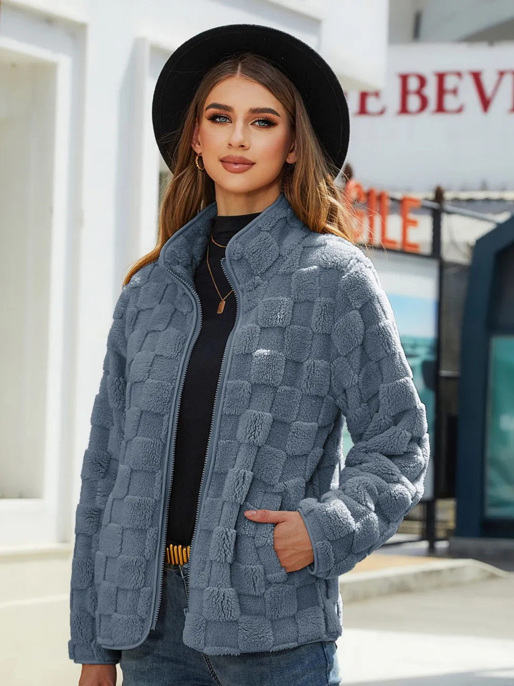 Fuzzy Checkered Zip Up Jacket, image 15