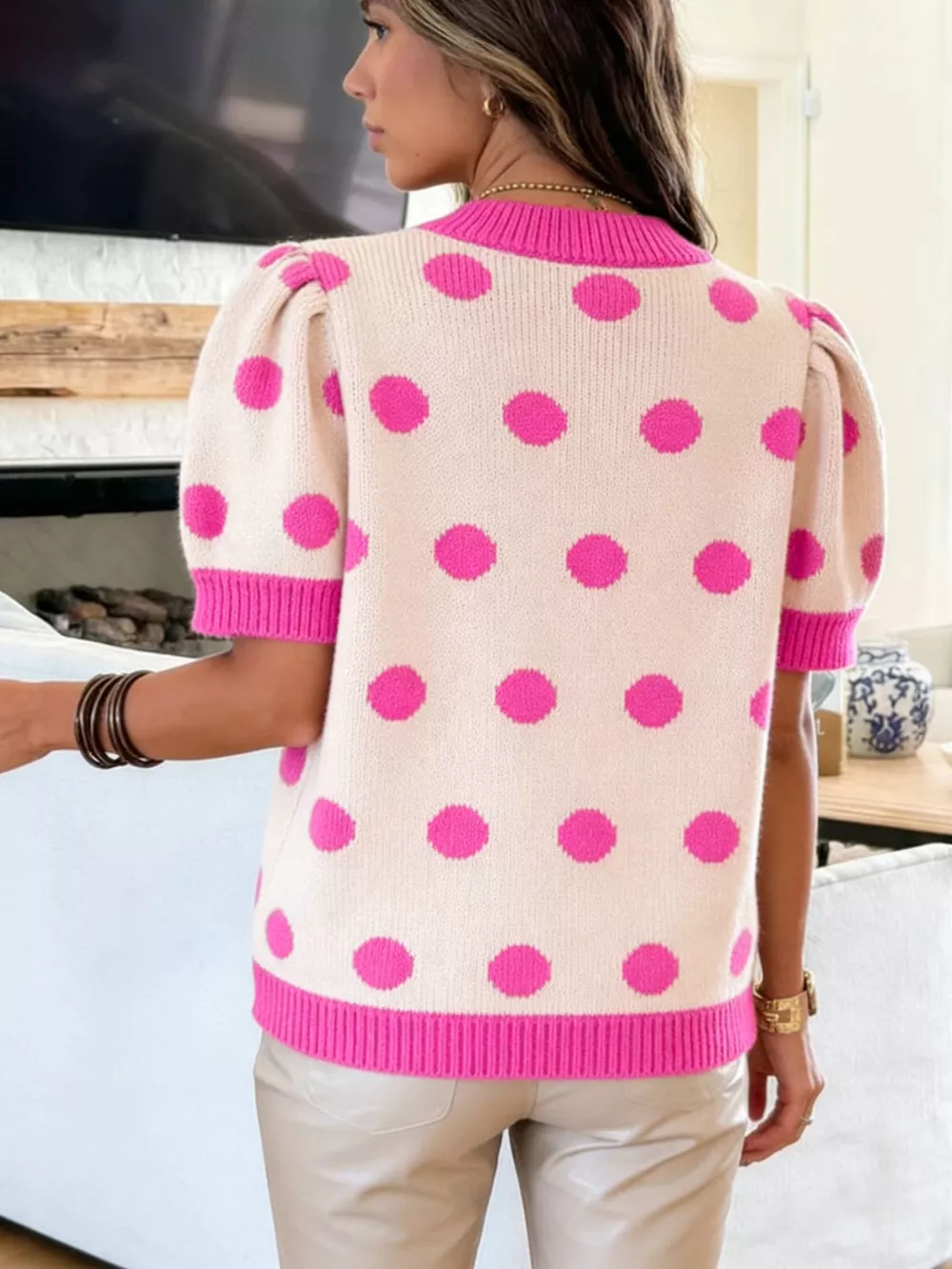 Polka Dot Puff Short Sleeve Sweater Top, image 8