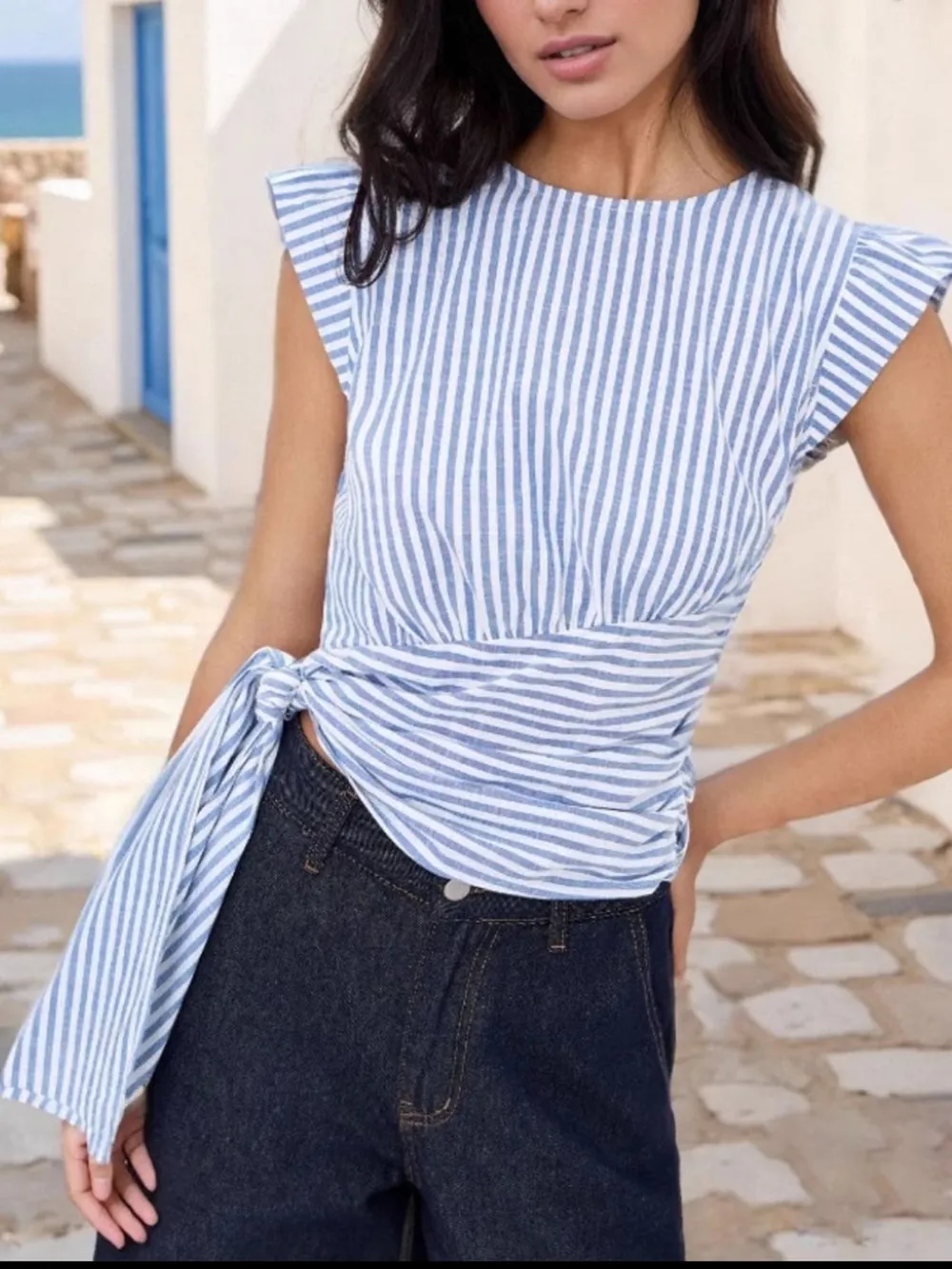 Striped Tied Cap Sleeve Blouse, image 2