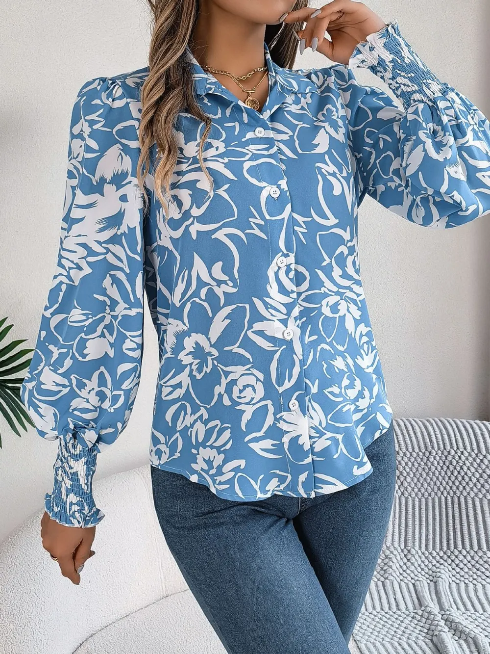 Printed Collared Neck Lantern Sleeve Shirt, image 3