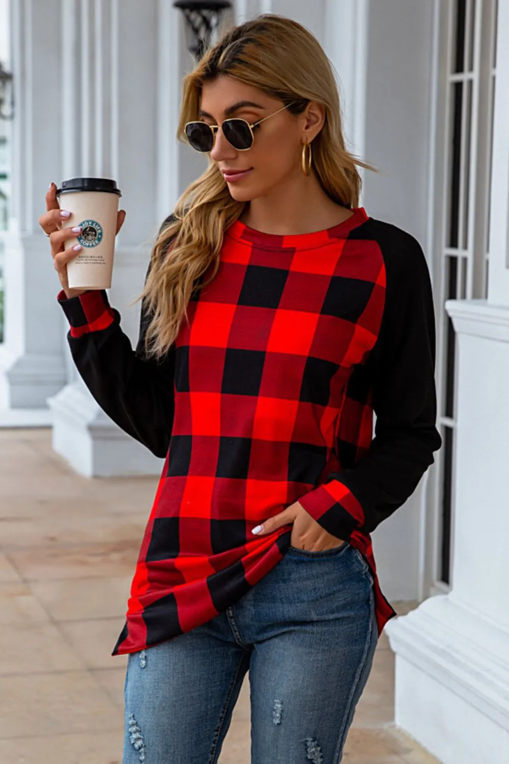 Plaid Round Neck Long Sleeve T-Shirt, image 6