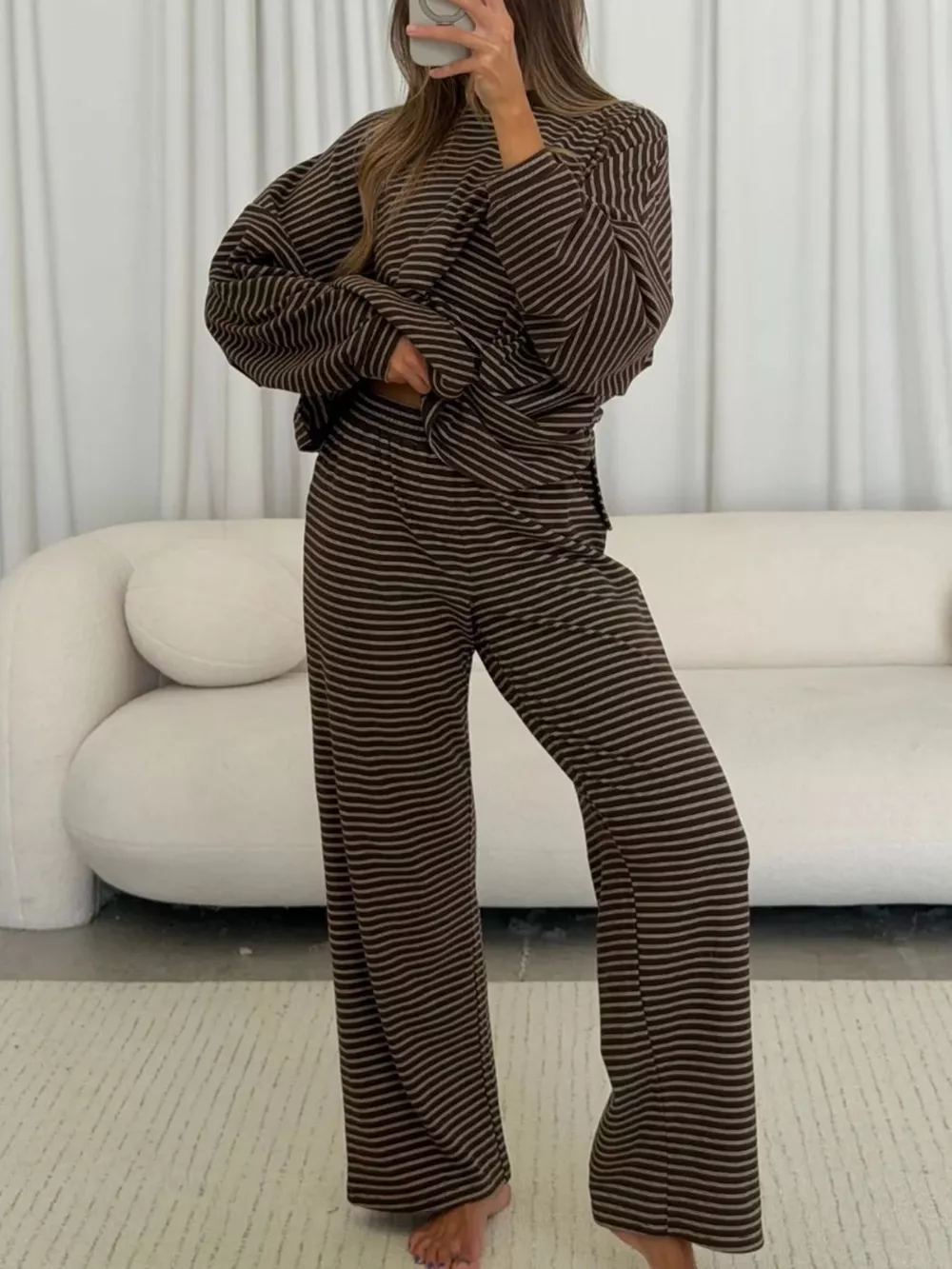 Striped Dropped Shoulder Top and Pants Lounge Set