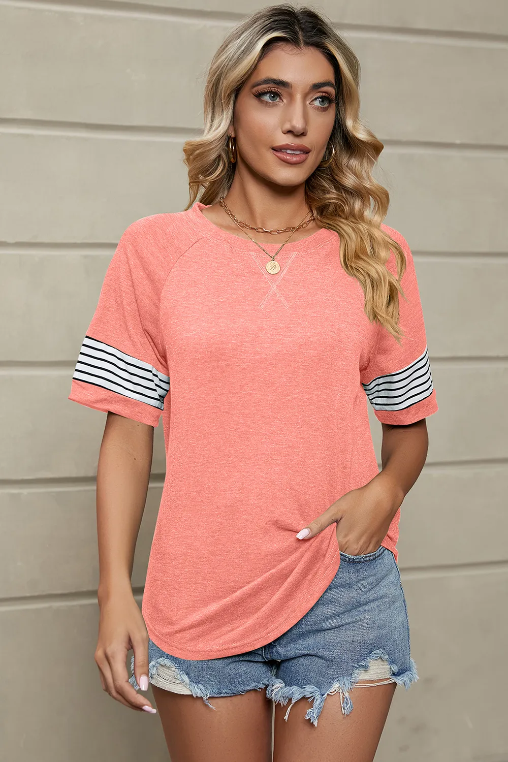 Striped Round Neck Short Sleeve T-Shirt, image 6
