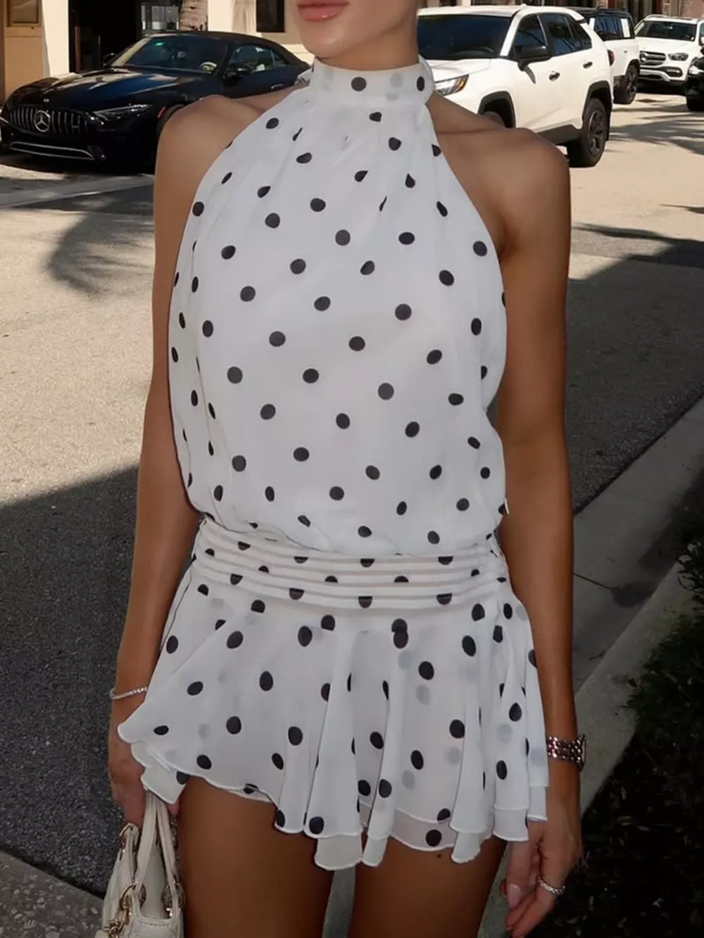 Polka Dot Halter Neck Ruffle Dress, image 4