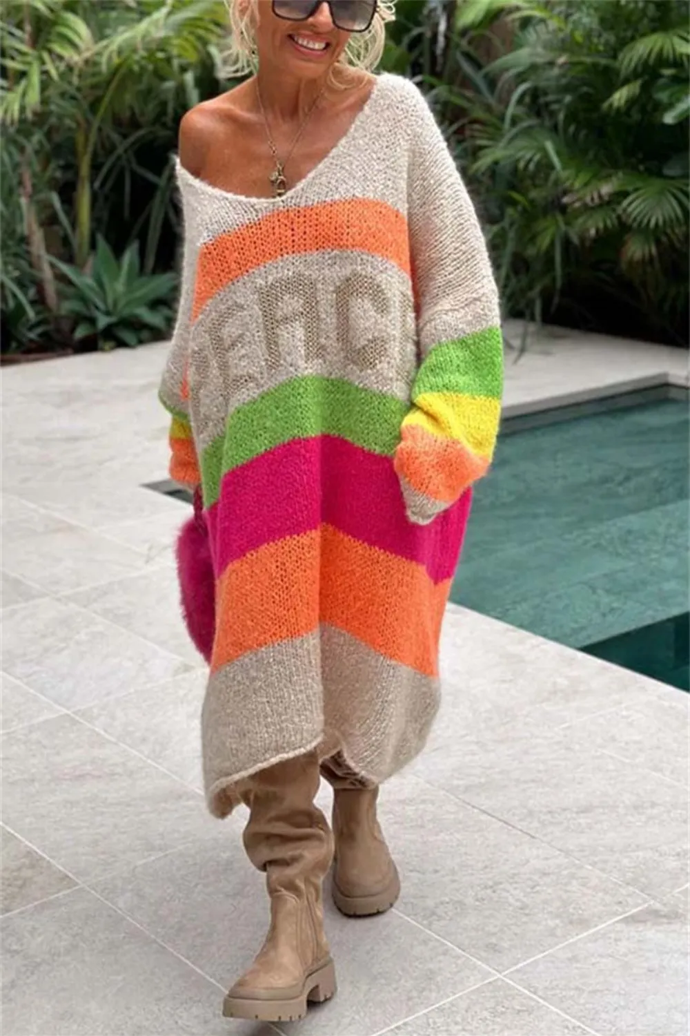 Color Block V-Neck Long Sleeve Sweater Dress, image 22