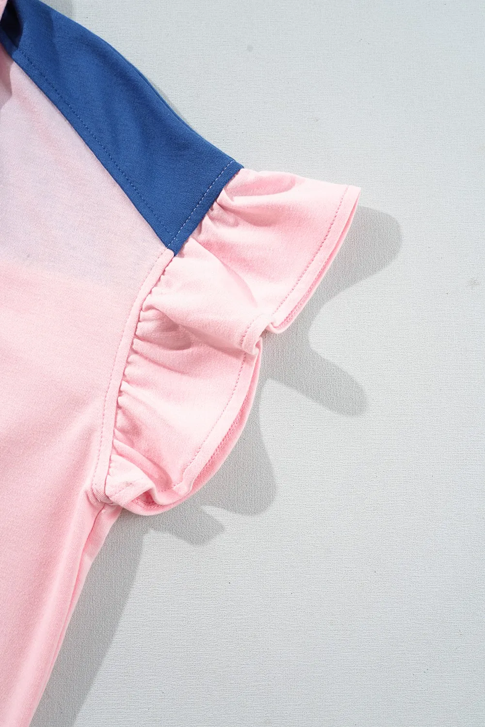 Color Block Half Buttoned Ruffled Short Sleeve T Shirt, image 10