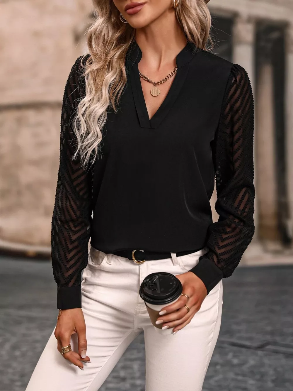 Sheer Sleeve V-Neck Blouse, image 14