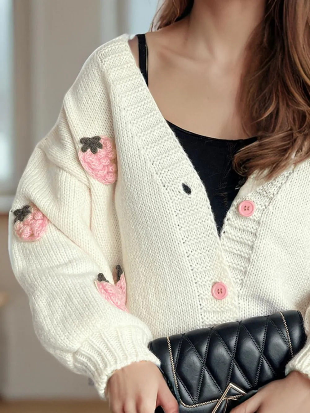 Crochet Strawberry V-Neck Long Sleeve Cardigan, image 8
