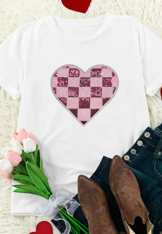 Sequin Checkered Heart Round Neck Short Sleeve T-Shirt, image 4