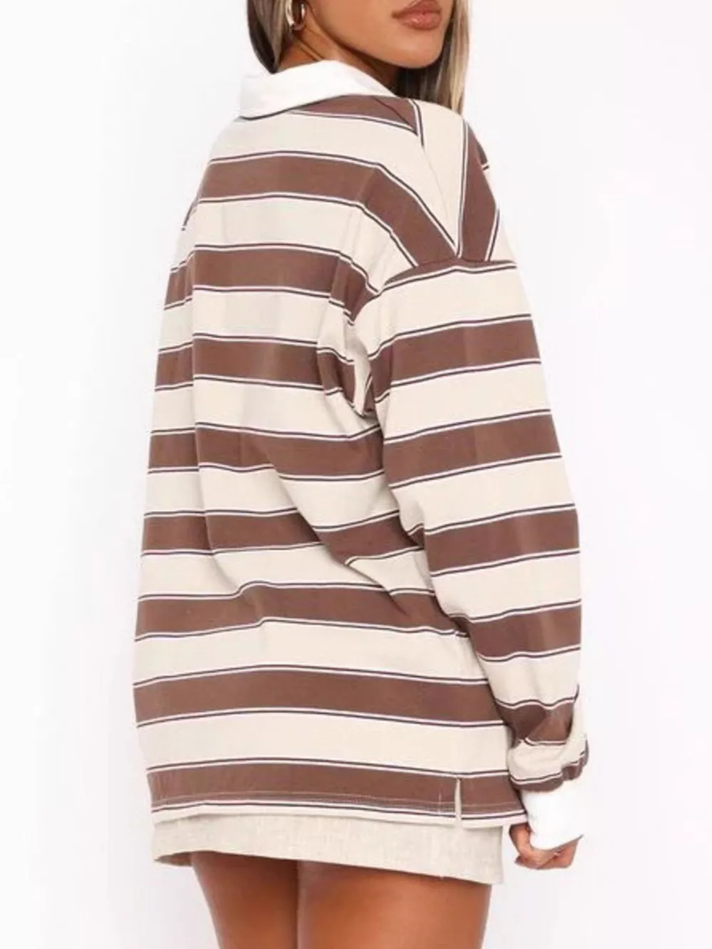 Striped Button Detail Long Sleeve Polo, image 4