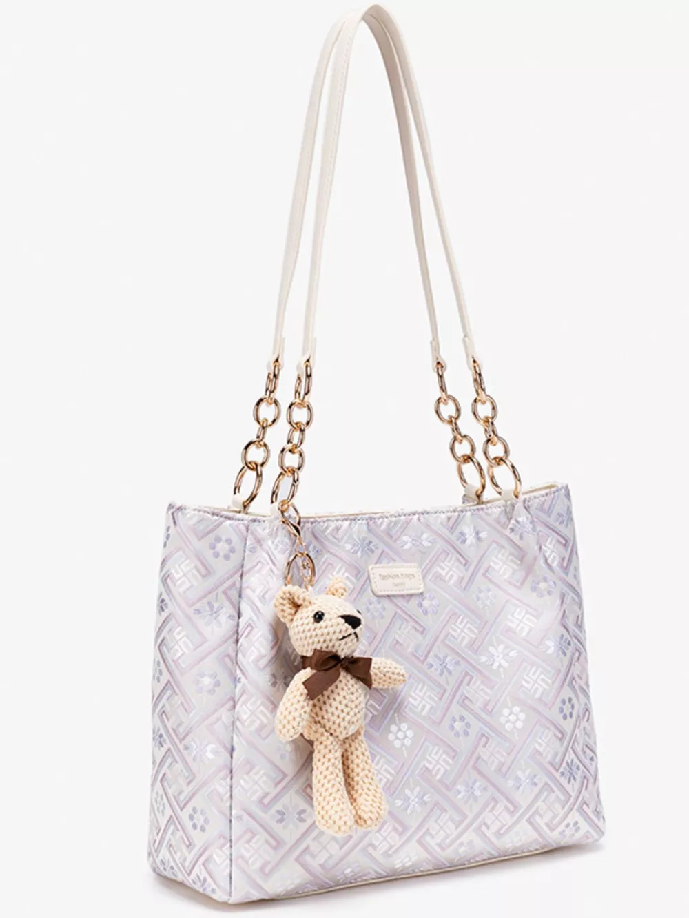 Geometric Pattern Jacquard Shoulder Bag with Detachable Teddy Bear Charm, image 3