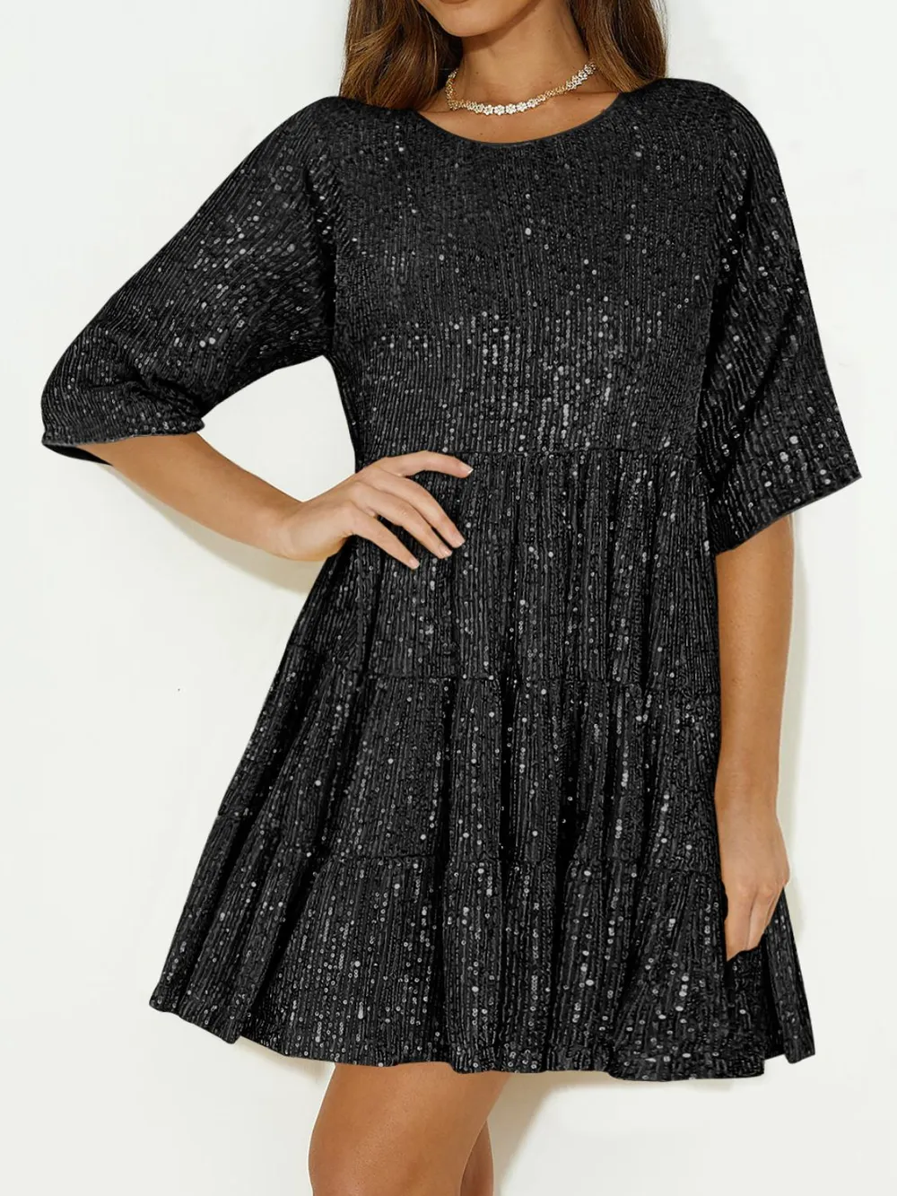 Sequin Round Neck Half Sleeve Mini Dress, image 26