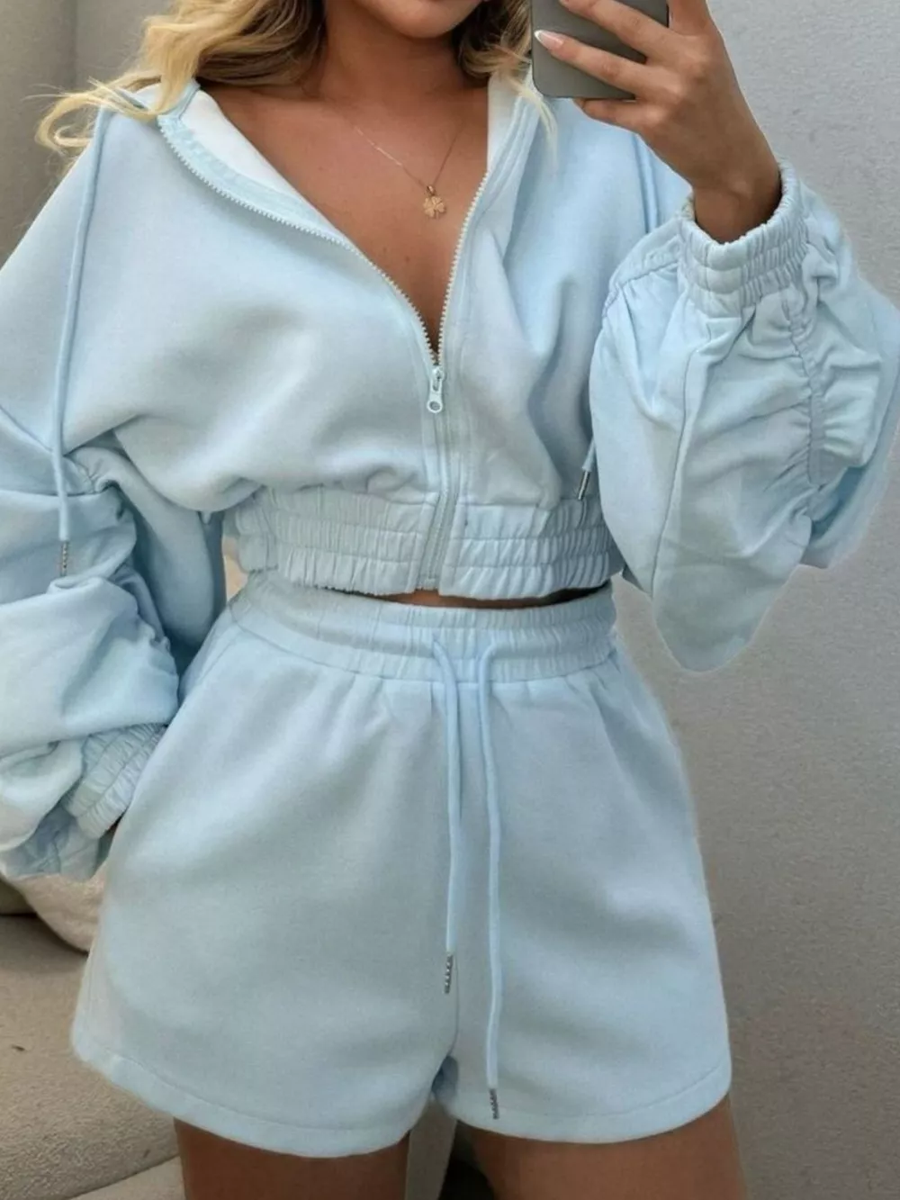 Zip-Up Jacket and High-Waisted Drawstring Shorts Set, image 5