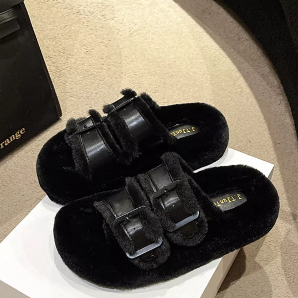 Fuzzy Buckle Detail Slippers, image 9