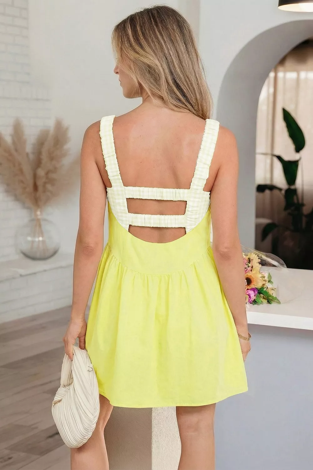 Faux Two Piece Gingham Contrast Patchwork Loose Mini Dress, image 3