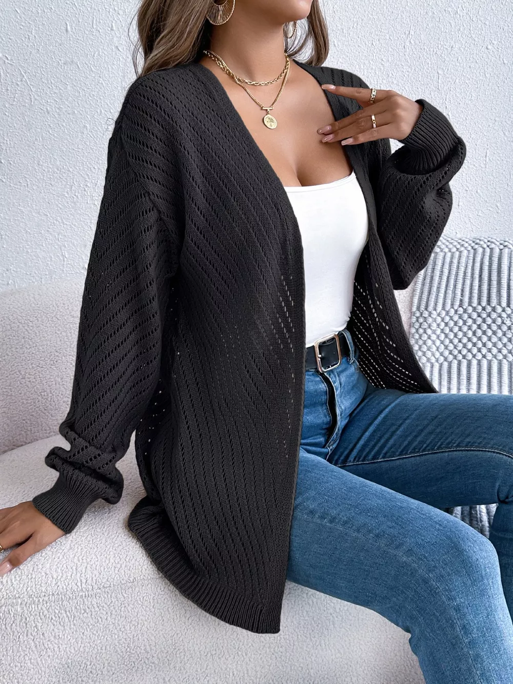 Openwork Open-Front Long Sleeve Cardigan, image 9