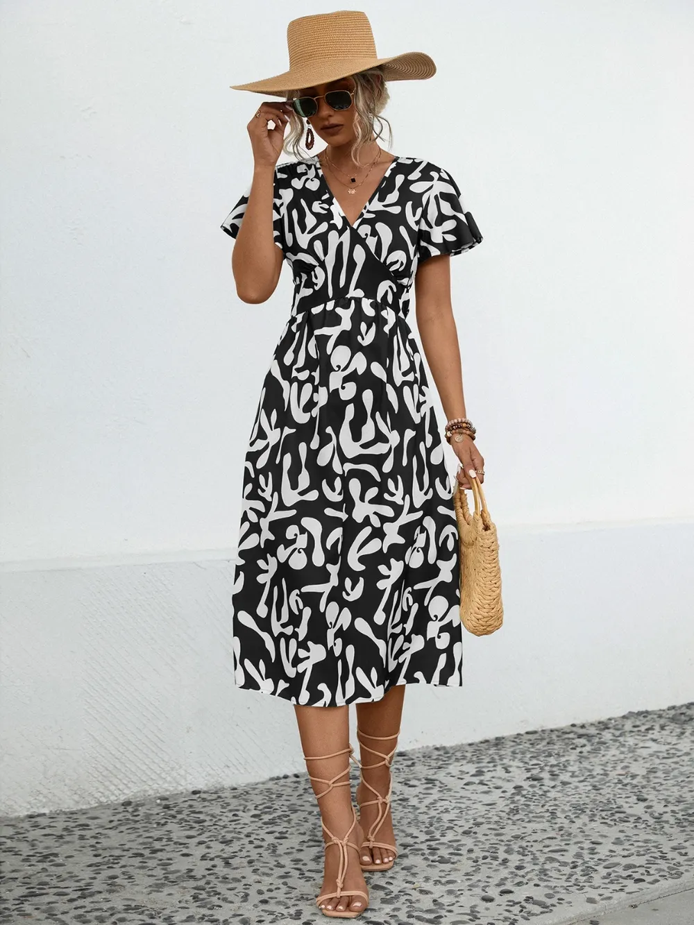 Printed V-Neck Short Sleeve Dress, image 7