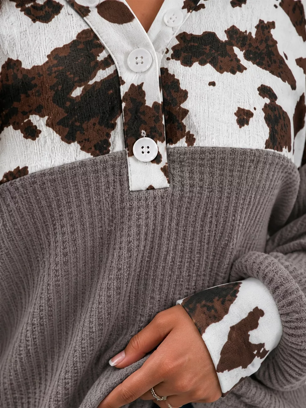 Cow Print Color Block Waffle Knit Blouse, image 11