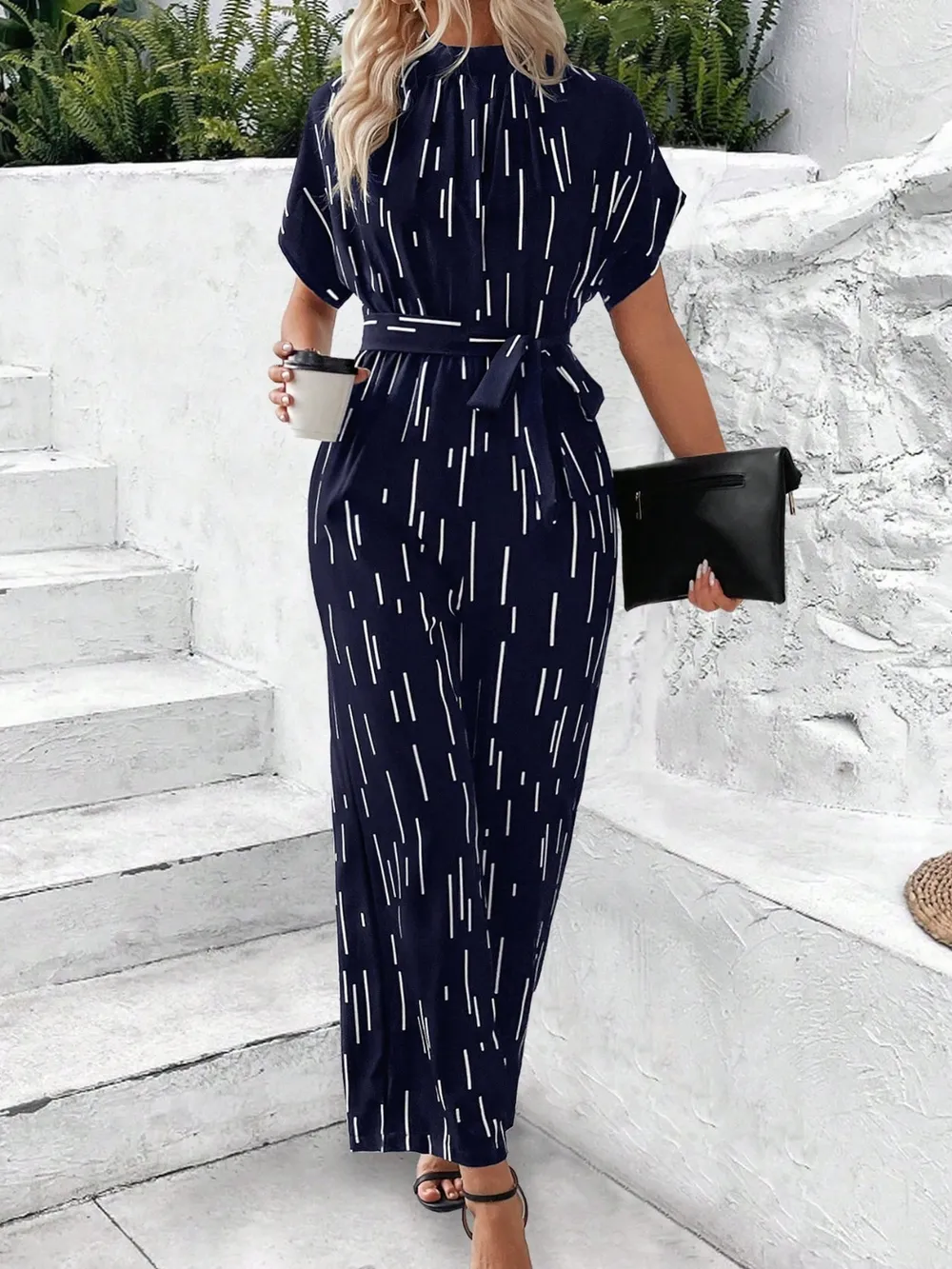 Tied Printed Mock Neck Wide Leg Jumpsuit, image 5
