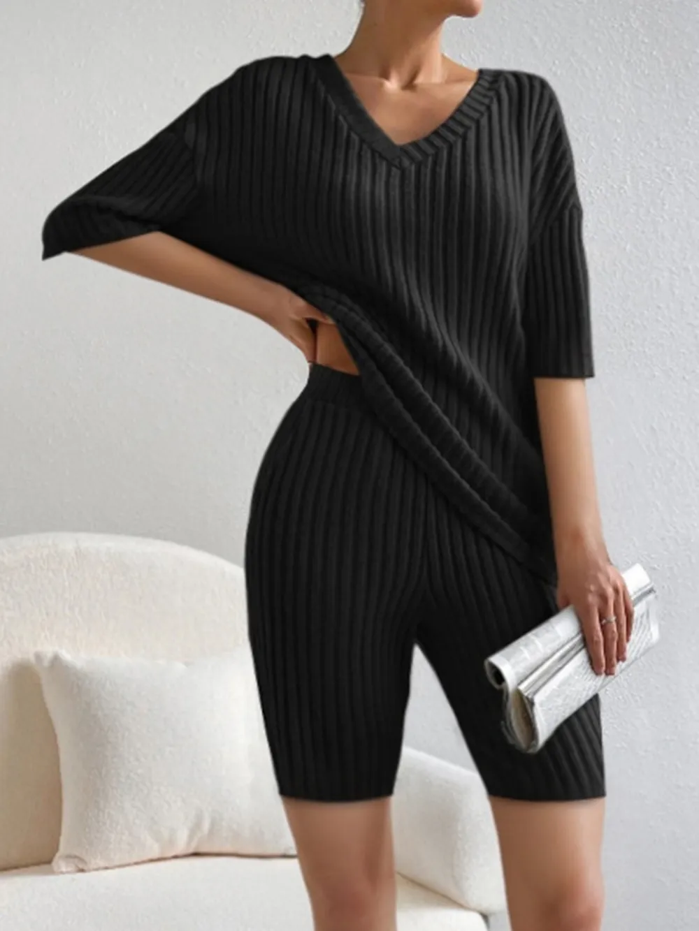 Ribbed V-Neck Top and Shorts Set, image 8