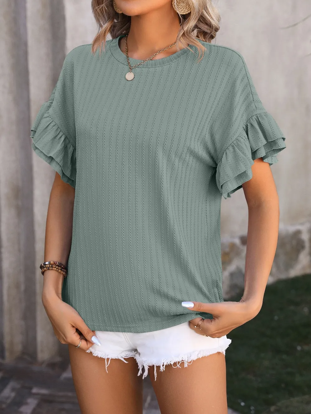 Ruffled Round Neck Short Sleeve Blouse, image 16