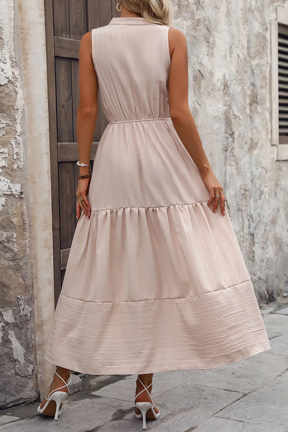 Decorative Button Notched Tiered Dress, image 4