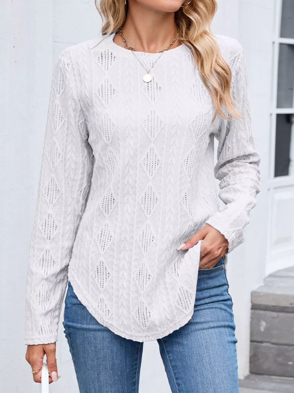 Openwork Textured Long Sleeve Top, image 16