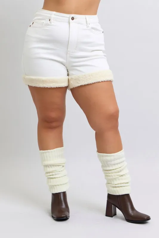 Full Size High Waist Shearling Cuff Denim Shorts Plus Size, image 6