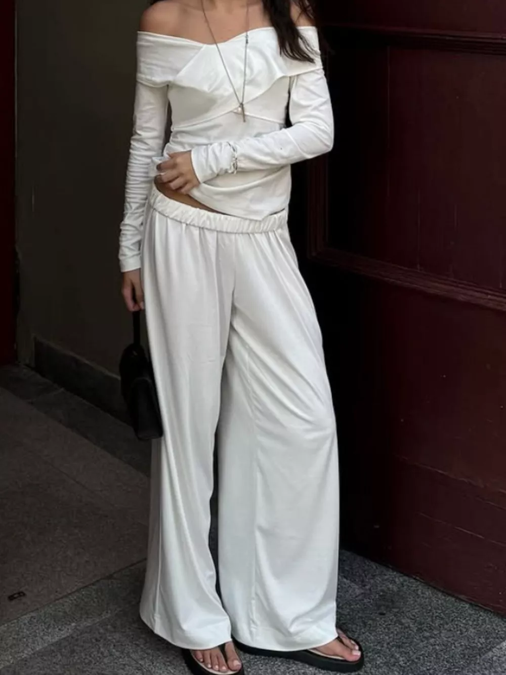 Off-Shoulder Long Sleeve Top and Wide-Leg Pants Set