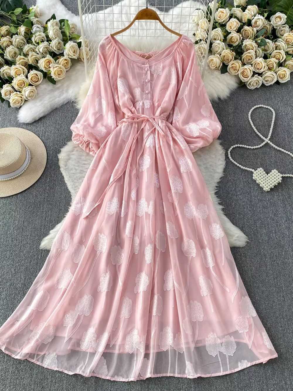 Button Front Puff Sleeve Chiffon Dress, image 2
