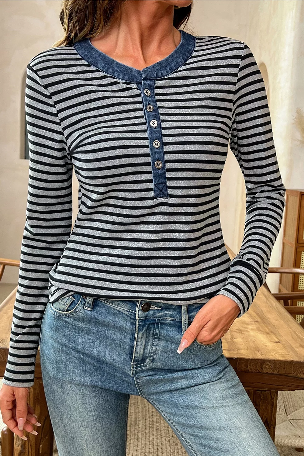 Stripe Denim Contrast Collar Half Button Long Sleeve Top, image 2