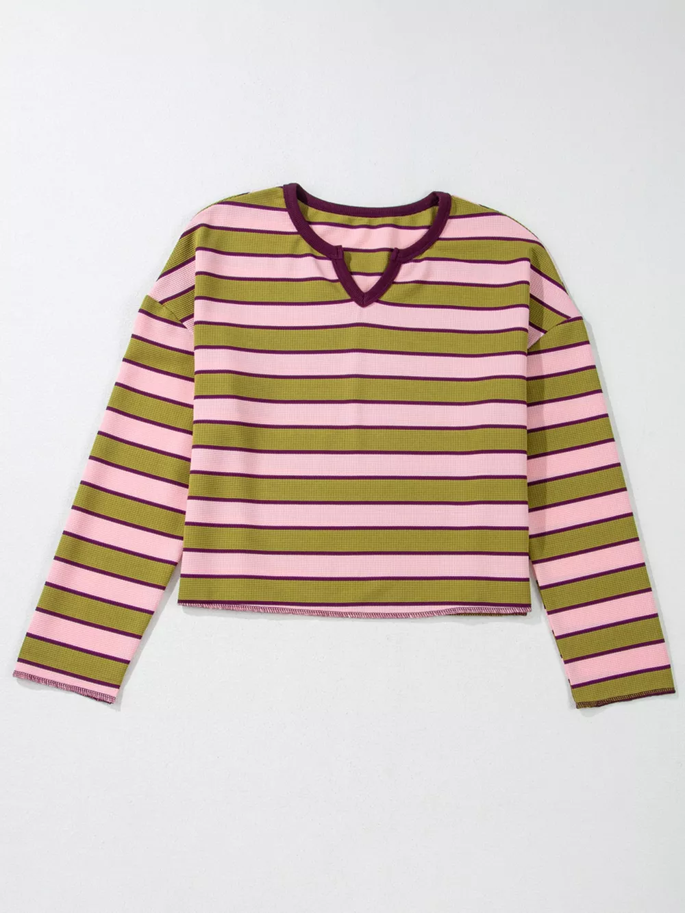 Stripes Waffle Texture Notched Neck Long Sleeve Top, image 6