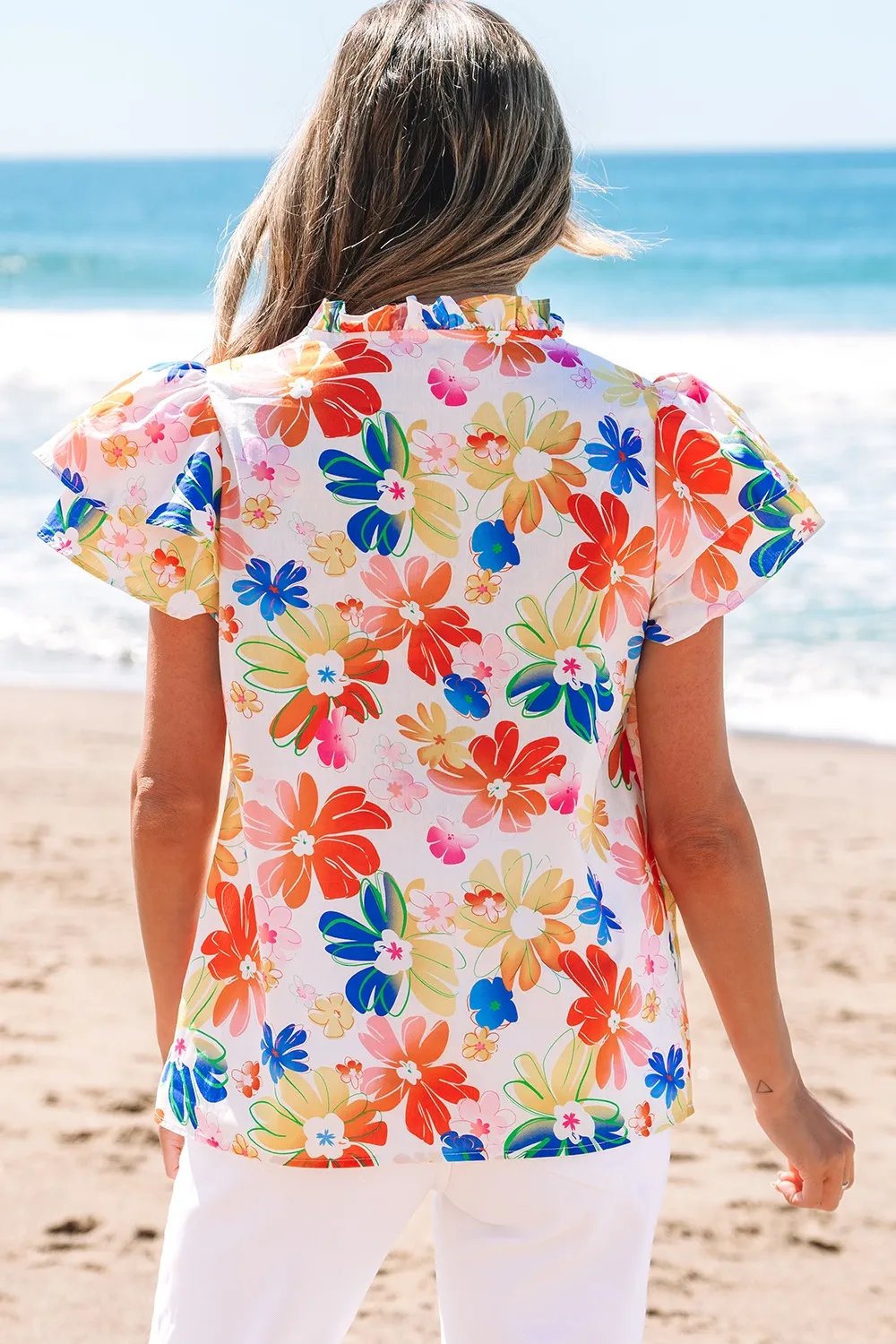 Ruffled Printed Notched Cap Sleeve Blouse, image 4
