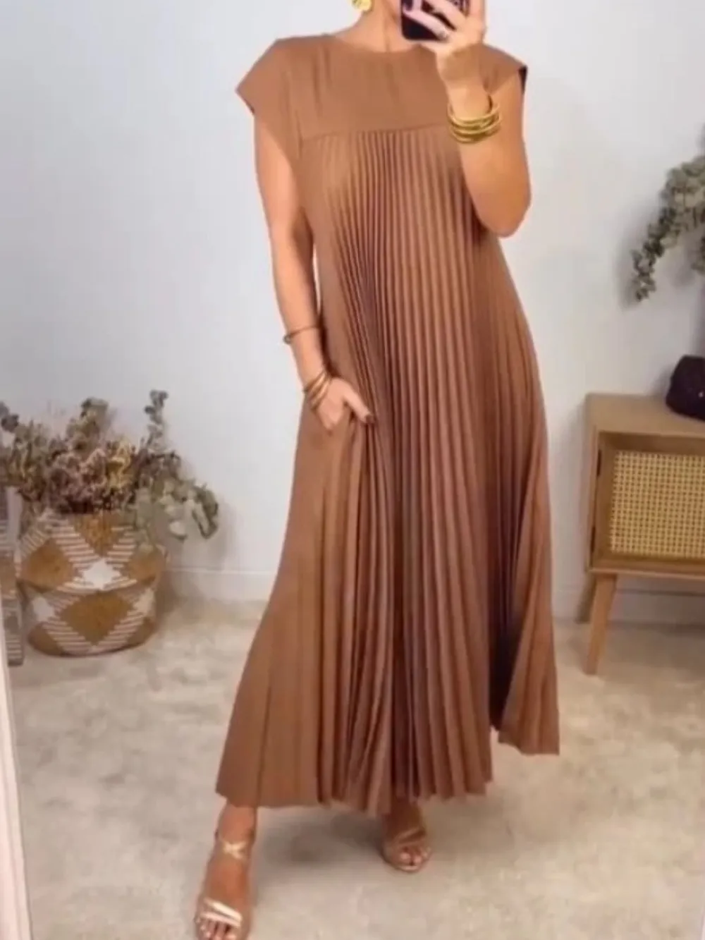 Full Size Pleated Round Neck Maxi Dress Plus Size, image 13