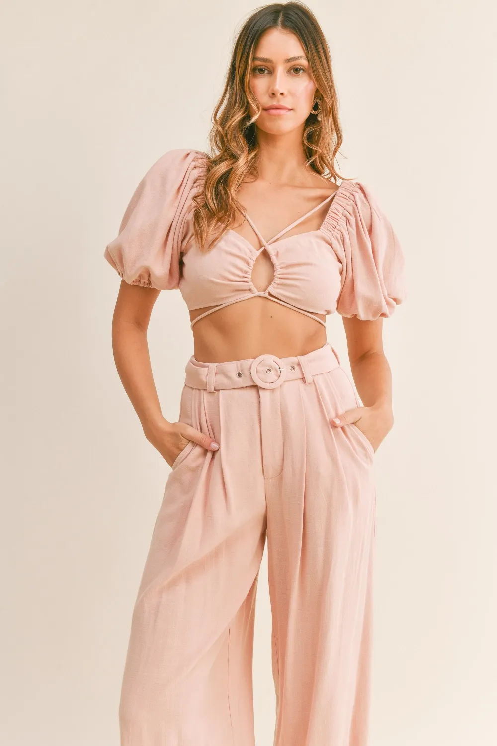 Cut Out Drawstring Crop Top and Belted Pants Set, image 3
