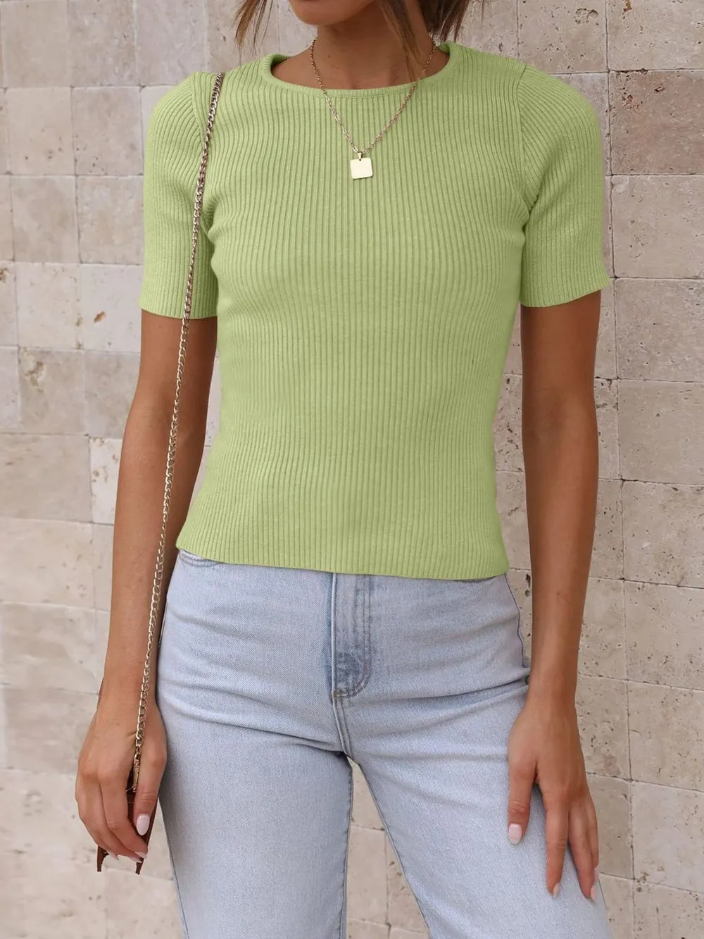 Ribbed Round Neck Short Sleeve Knit Top, image 12