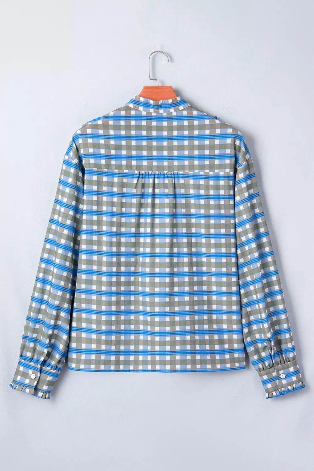 Plaid Long Sleeve Frilled Detail Half Button Blouse, image 7