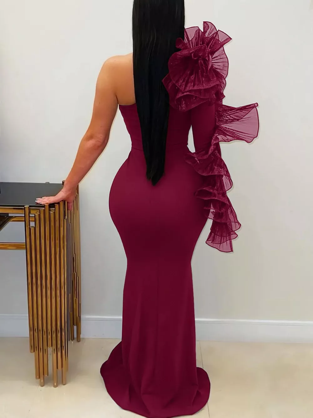 One-Shoulder Ruffled Mermaid Evening Maxi Dress, image 8