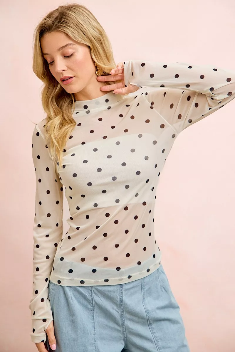 BiBi High Neck Line Polka Dots Mesh Top With Thumb Open, image 5