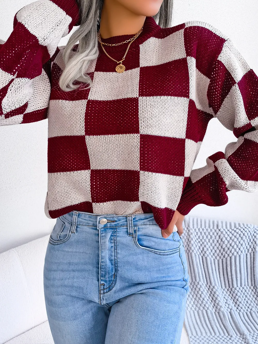 Checkered Mock Neck Long Sleeve Sweater, image 14