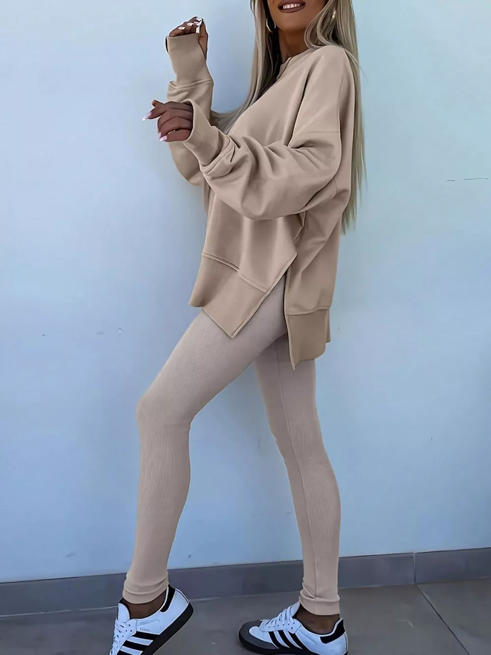 Solid Color Oversize Slit Sweatshirt and Ribbed Leggings 2pcs Set, image 5