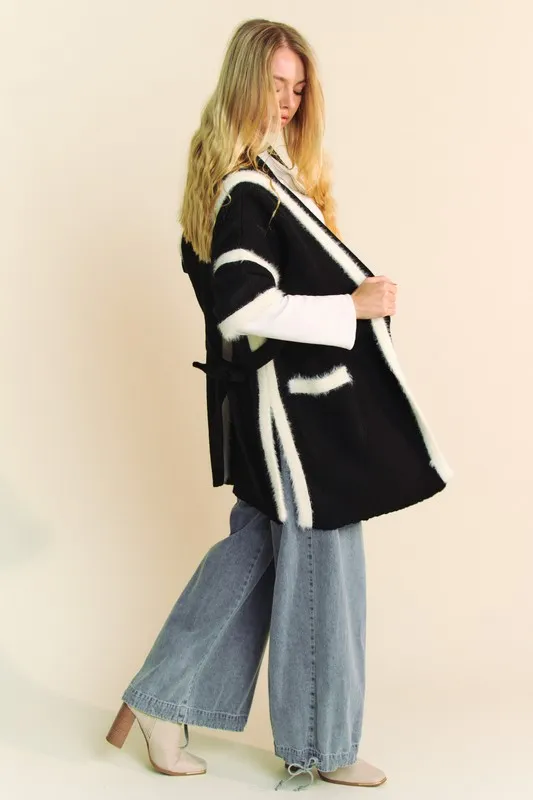 Fuzzy Trim Open Front Loose Fit Cardigan, image 3
