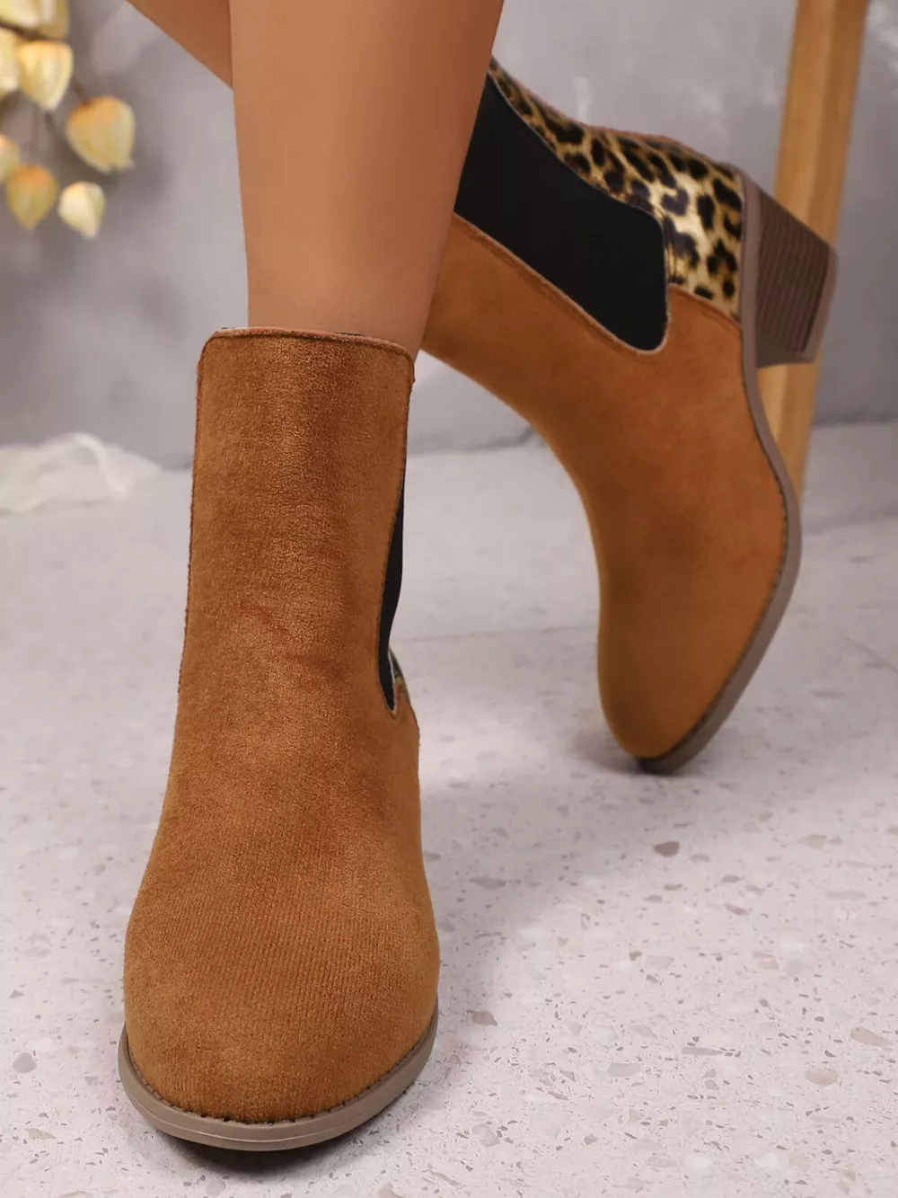 Leopard Print Chelsea Ankle Boots with Block Heel