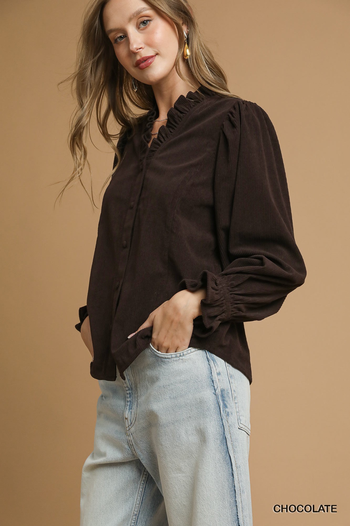 Corduroy Ruffle Shirt with Long Puff Sleeves, image 2