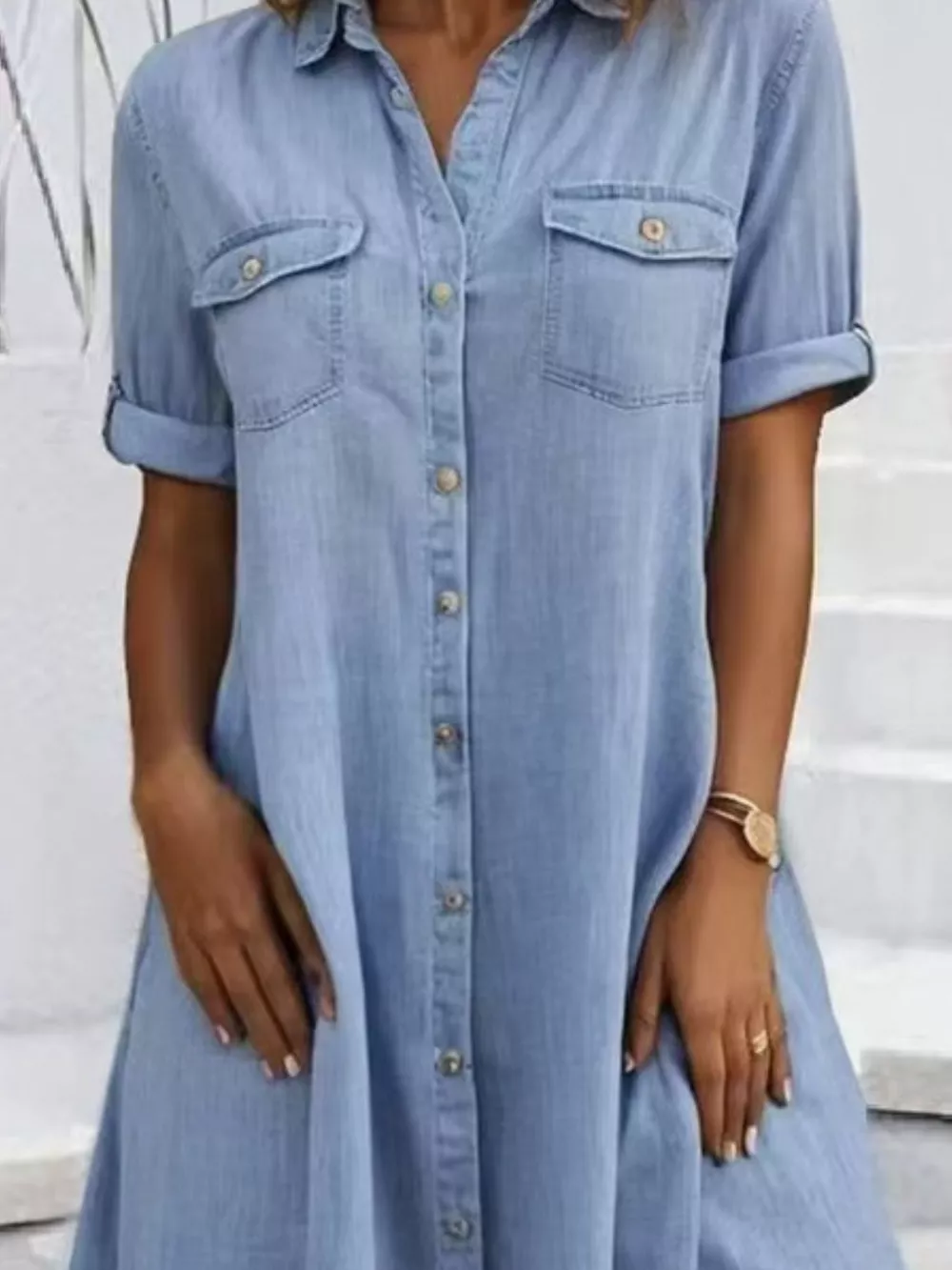 Full Size Button-Front Short Sleeve Denim Dress Plus Size, image 6