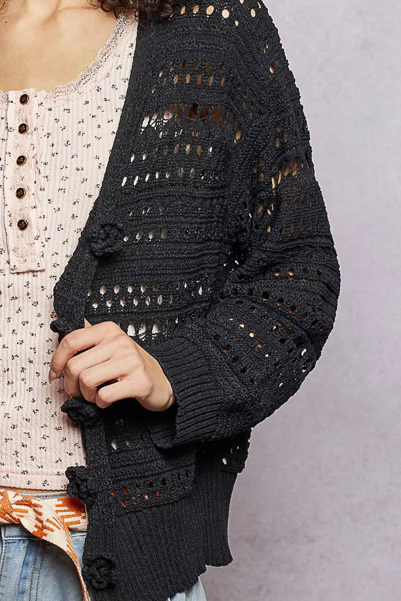 Open-Knit Floral Button Cardigan, image 6