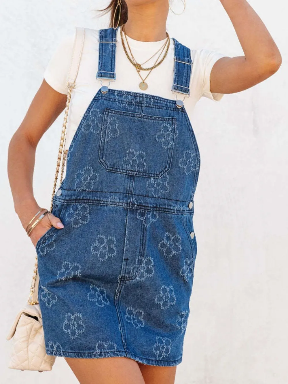 Flower Wide Strap Denim Overall Dress with Pockets, image 4