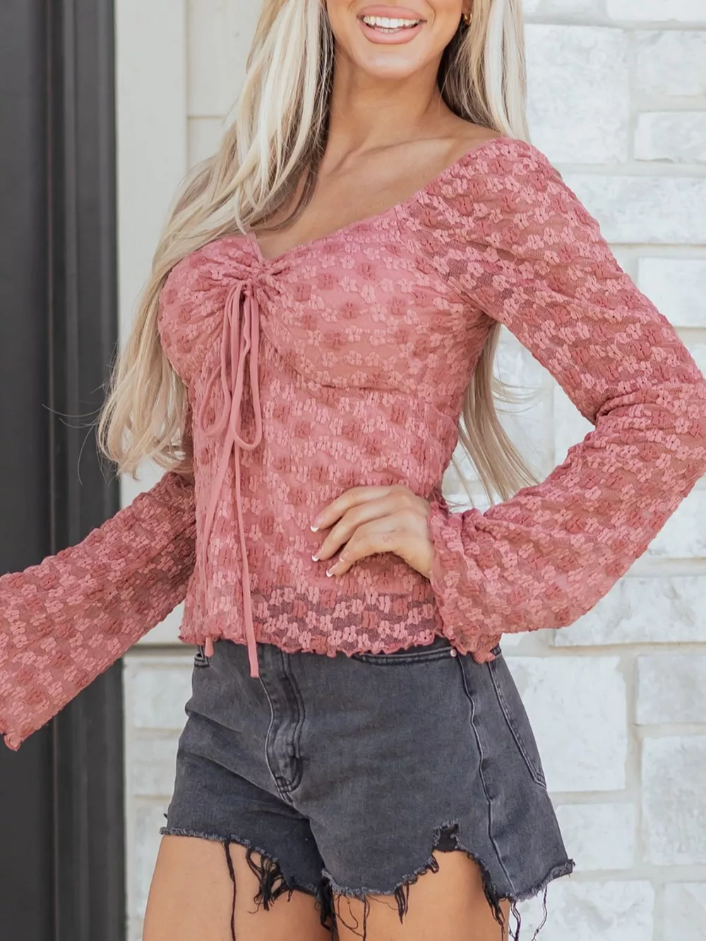 Drawstring Knot Detail Floral Lace Blouse, image 7
