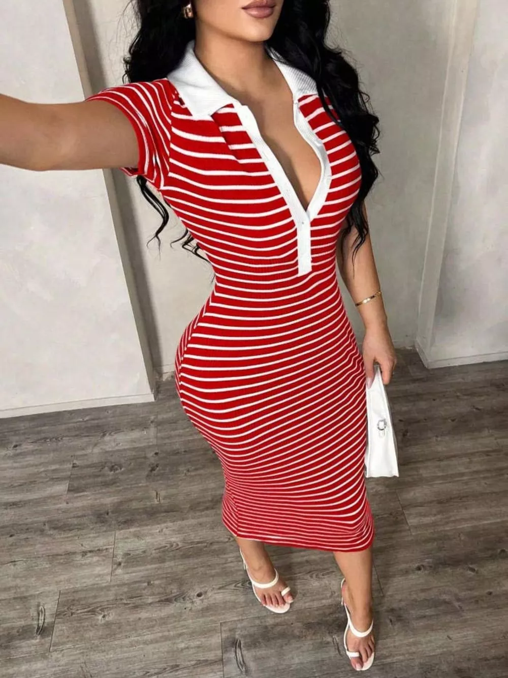 Striped Polo Collar Midi Dress, image 27